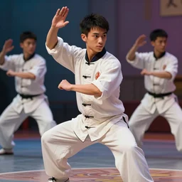 high school uniform dynamic tai chi master handsome features young man, attractive face, good looking, expert proportions, high details, colorful palette, masterpiece, shintaro kago, ilya kuvshinov, loish, ruan jia, volumetric shading illumination, ambient light