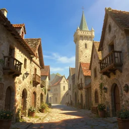medieval village street scene, blue sky, fantasy, concept art, low angle, highly detailed, warm lighting, volumetric, godrays, vivid, trending on artstation, by jordan grimmer, greg rutkowski