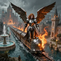 Angel knight gothic girl on a fantasy city with a train that rides inside of a waterway, next to a fountain and a mystical palace. By William-Adolphe Bouguerea, Jordan grimmer, fractal flame. Highly_detailded