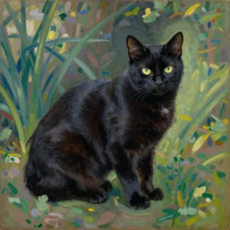 vintage beautiful painting of a black cat in a garden in Mary Cassatt style