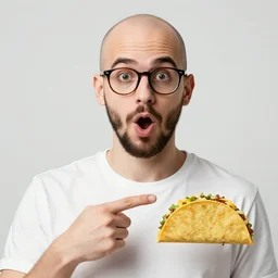 balding young man with glasses and a beard staring at the camera, mouth agape, and pointing at a taco bell.