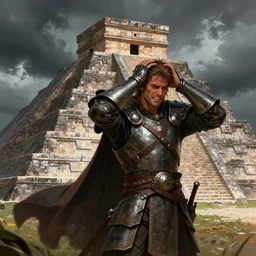 fantasy character illustration of a lavishly armored man gripping his head with both hands in pain in front of ( chichen itza ) on a stormy day, trending on artstation, digital art ( by joseph meehan ) ( by victor adame ) ( by anna steinbauer )