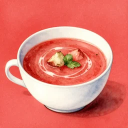 soup, kseniia yeromenko, rob duenas, watercolor, illustration, red background, highly detailed