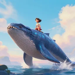 A girl rides atop a monstrous leviathan, still from a Pixar movie