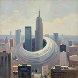 minimalist dimensions shift warp concept art oil painting by john berkey, highly detailed, brush hard, cityscape