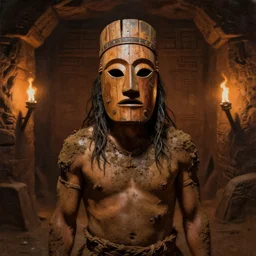 masterpiece portrait painting of a native incan man covered in mud wearing a wooden mask, in a darken incan dungeon decorated hall, torchlight, by greg rutkowski and noah bradley, trending on artstation