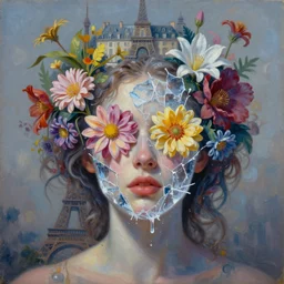 a surreal oil painting of a woman portrait with the eyes covered by flowers blooming and her face covered by ice breaking, her hair covered by fantasy mystic fowwers, and her head covered in a form of a parisian architecture, fantasy conceptual art, trending on artstation, hyperdetailed