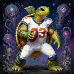 a turtle!!!! that is a football linebacker in the nfl, wearing! an nfl! team uniform, holding a football, cosmic horror painting, elegant intricate digital painting artstation concept art by mark brooks and brad kunkle detailed