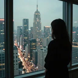 View from window on megapolis, silhouette of women who watches to the window, cyberpunk