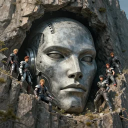 a detailed portrait of a giant robotic face buried half way in a cliff by Greg Rutkowski, Sung Choi, Mitchell Mohrhauser, Maciej Kuciara, Johnson Ting, Maxim Verehin, Peter Konig, final fantasy, Marco lense , 8k photorealistic, cinematic lighting, HD, high details, atmospheric , trending on artstation