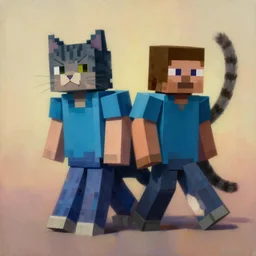 painting of hybrid cat and ( ( ( ( minecraft steve ) ) ) ) fused together, intercrossed animal, by zdzislaw beksinski, by lewis jones, by mattias adolfsson, cold hue's, warm tone gradient background, concept art, digital painting