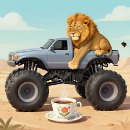 a lion having tea with a monster truck