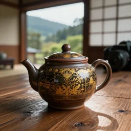 full view of an ancient japanese ceramic teapot on a wood table, micro detail, ( ( ( ( ( ( intricate ) ) ) gold details ) ) ), photorealism, canon camera, japanese house background