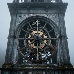 photograph of sprawling intricate old clock gear window tower abandoned spooky misty ominous well defined