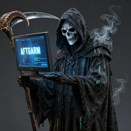a grim reaper with a monitor for a face. the monitor has a blue screen with white letters on it. the cloak is made of smoke with glowing code sprinkled throughout it. the blade of the sickle is a stick of ram. art by artgerm and greg rutkowski and alphonse mucha, concept art, octane render, unreal engine 5, highly detailed, high quality, 8 k, soft lighting, realistic face, path traced