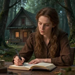 a brown female author writing a book with a pen in an eerie cottage in the woods, detailed digital art, trending on artstation, hyperrealistic!! face realistic! 8k, anatomically correct