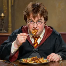 amazing detailed photorealistic painting of a fat harry potter eating. hq 4 k