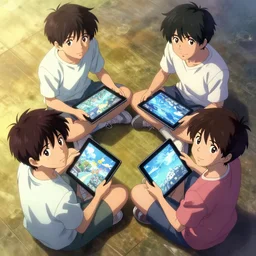 four asian kids sitting around each holding a digital tablet, dramatic, top down view, comic cover style, by guweiz and wlop and ilya kuvshinov and artgerm and makoto shinkai and studio ghibli, aesthetic, gorgeous, stunning, alluring, attractive, artstation, deviantart, digital art