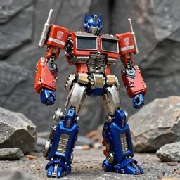 dynamic character portrait of chromed optimal optimus from beast wars in robot mode standing in a rock quarry, rock quarry location, daytime, beast wars, beast wars, transmetal, transmetal ii, transmetal toy, transmetal toys, beast wars toy, beast wars toys, orange and blue color scheme, chromed metal, metallic chrome paint, metallic chrome, metallic paint, chromed plastic, transformers, transformers beast wars