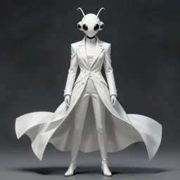 full body portrait of a character in sleek clothes, in a futuristic flowing white tailcoat, wearing a white insectoid mask with five round lenses for eyes, many eyes, dramatic lighting, illustration by Greg rutkowski, yoji shinkawa, 4k, digital art, concept art, trending on artstation