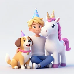 blonde guy, a dog and a unicorn with birthday hats, on a kayak in a forest, with a lighthouse in the background, nft by beeple