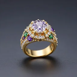 mystical gold and diamond ring with fine purple and green details, ultra detailed, centered, octane render, elegant, caustics