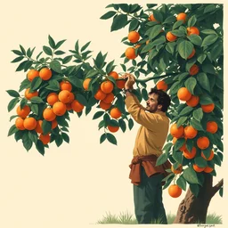 a man picking fruit from a tree, limited neutral palette, by pascal campion, petros afshar, anton fadeev, dean ellis, randolph stanley hewton, beautiful graphic, propaganda poster art 1 9 7 0 s illustrated advertising art, painterly design