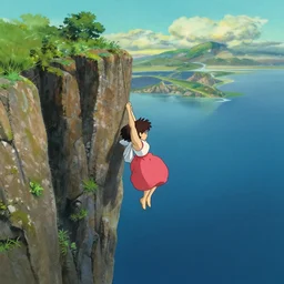 a detailed painting of a single woman hanging from the side of a cliff overlooking the end of the world by Studio Ghibli trending on ArtStation