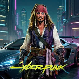 jack sparrow in the game of cyberpunk 2 0 7 7, portrait, focus, 3 d illustration, sharp, intricate, poster, jack sparrow standing in front of the futuristic car, night city dystopian cyberpunk city in the background, photo, 3 d super render