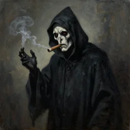 Epic painting of the grim reaper with a cigar in his mouth