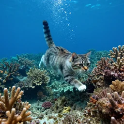 a cat under water dives through a coral reef, 8k photography