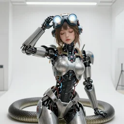 centered portrait photo by bouguereau of blissful girl as a solarpunk mecha humanoid robotic parts wearing goggles with bright lights, real human face, serpentine pose, inside white room, ultra - realistic and detailed, 8 k