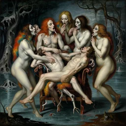 a sacred painting of an orgy of beautiful flesh - eating timikawas with rainbow fur, they are eating a screaming man while sitting on a chair made of human limbs, the chair is floating on a lake of blood, surrounding the lake are melting trees, nightmare scene, supernatural, highly detailed, creepy, terrifying, famous painting by raphael and salvador dali