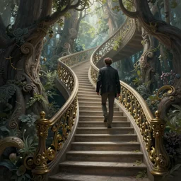 a man walking up a steep and winding staircase, in magical woods, intricate, elegant, highly detailed, digital painting, artstation, concept art, sharp focus, beautiful illustration, by justin gerard and artgerm, 8 k