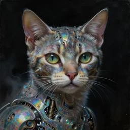 a neoclassicist close - up portrait of a an otherworldy cat entity with surrealist features. iridescent reflective alien technology. foggy black background. highly detailed science fiction painting by norman rockwell, frank frazetta, syd mead and moebius. rich colors, high contrast, gloomy atmosphere, dark background. trending on artstation.
