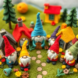 diorama of happy gnome villagers in a felt village, vibrant, colorful, cute, primary color palette