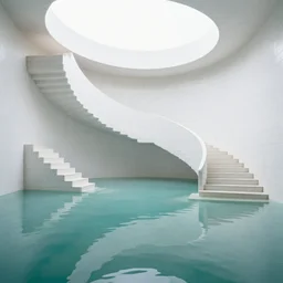 a large room with minimalist architecture, partially flooded by blue green water, liminal space, made of all white ceramic tiles, surreal, curving hallways, rounded ceiling, stairs,