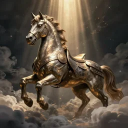 Illustration of a mythological Pegasus wearing heavy armor, clouds, god rays. Dark fantasy, digital art, HD, detailed, 4k, 8k.