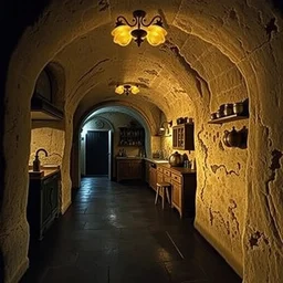 volumetric shadows, volumetric lighting, black goya painting of underground, basement, fisheye, curved perspective, naive, extra narrow, old kitchen, large floor, by rhads and gaudi, tavern walls, curved walls