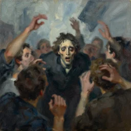 jerma peeps the horror, painting by phil hale, fransico goya,'action lines '!!!, graphic style, visible brushstrokes, motionb blur, blurry, visible paint texture, crisp hd image
