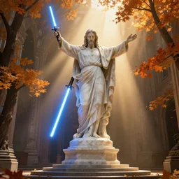 a long wide shot of a marble - statue of a marble - jesus with lightsaber - lightsaber on a base in a church by ridley scott, god - rays, dramatic light, global illumination, radiant light, unreal 5, daz, hyperrealistic, octane render, dynamic lighting, intricate detail, harvest fall vibrancy, cinematic