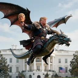 a viking flies aboard a dragon over the white house, in his hands he holds the severed head of donald trump