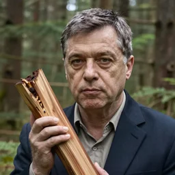 viktor orban in a forest, highly detailed face, holding a wood piece, art nouveau