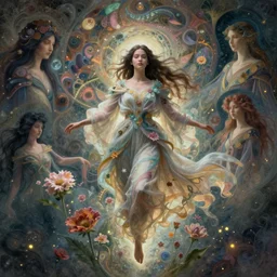 Full View ultrarealistic Portrait ethereal fantasy deity wearing beautiful gown, rising in the air levitating, flowers, calm, 4k digital masterpiece by Anna Dittman and Alberto Seveso Ruan Jia, rossdraws and alphonse mucha and loish and WLOP, fantasycore, Hyperdetailed, fractals, scribble art, realistic digital painting,  atmospheric, fireflies, soft lighting, featured on Artstation