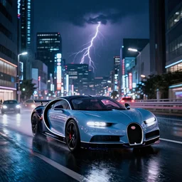 a 1 9 3 5 bugatti, speeding down tokyo highway in the rain, night time, neon lights, thunderstorm, movie still from the movie bladerunner 2 0 4 9