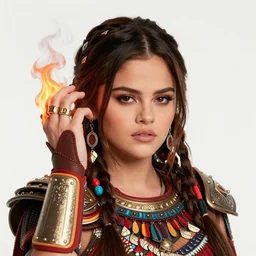selena gomez as an azctec warrior, detailed perfect face, exquisite details, fire magic, mid view, design on a white background, by studio muti, greg rutkowski makoto shinkai takashi takeuchi studio ghibli