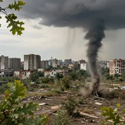 backround of long abandoned city with foreground of a tornado 7 foot tall sparsely populated with oak leaves next to a tornado 7 foot tall sparsely populated with recently censored words and ideas
