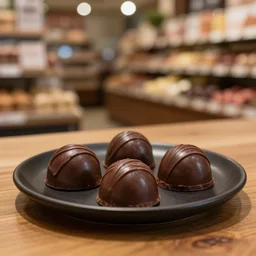 5 5 mm photo of freshly milk french roast chocolate dark chocolate on a black plat on a wooden table in a candy store. dof. bokeh. magical atmosphere. art by greg rutkowski. highly detailed 8 k. intricate. lifelike. soft light. nikon d 8 5 0.