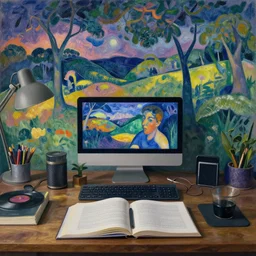 chilled study lo fi hiphop, in style of paul gauguin, 4 k, high resolution details,