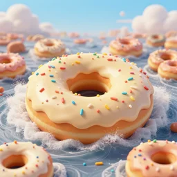 storybook imagery. landscape photography of a turbulent donut ocean that is made up of a sea of giant cream glazed sprinkle covered donuts. claymation. diorama. digital art. colorful. render. 4 k. 8 k. trending. wallpaper.